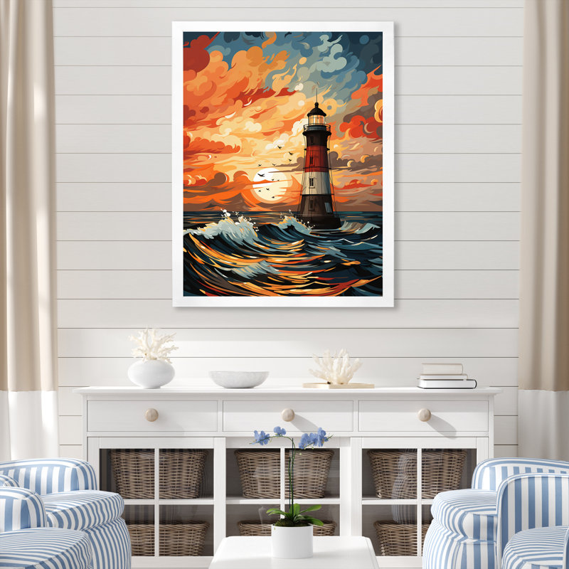 «Coastal Stormy Sunset Lighthouse Breeze I», art mural phares, Cadre flottant noir, H 32 po x l 24 po x P 1 po