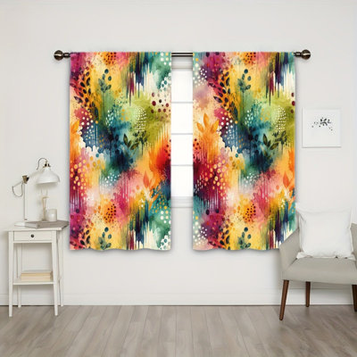 2 Pieces Vibrant Abstract Splash Floral Leaf Pattern Light Filtering Curtain, Artistic Watercolor Style Decor, Spring Refresh, Easy Hang Rod Pocket Design, All-Season Curtains for Home Living Room, Bedroom and Study Room Decoration