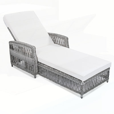 Outdoor Long Reclining Chaise, Wicker Lounge With Armrests, Patio Adjustable Recliner With Soft Removable Cushions, All Weather Rattan Pool Lounge For Poolside & Garden, Beige