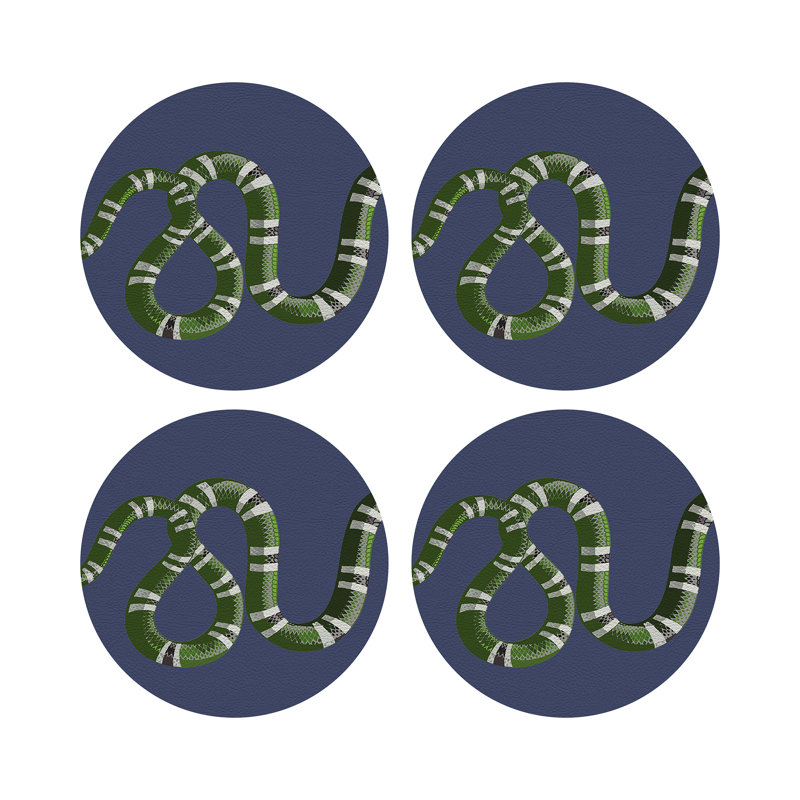 Serpent Blue Vegan Leather Round Coasters, Blue