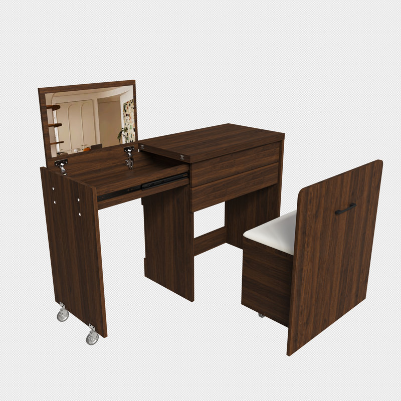 Meuble-lavabo convertible 3-en-1 de 47 po et bureau de direction moderne avec banc de rangement caché, miroir rabattable, rail coulissant à extension et roulettes verrouillables