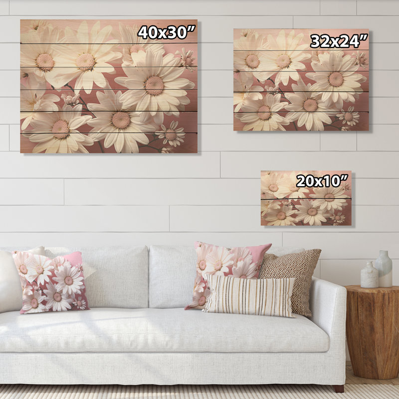 «White Daisy Bloom Elegance - marguerites», art mural sur bois de pin naturel, H 24 po x l 32 po