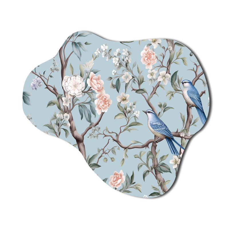 Chinoiserie avec oiseaux et pivoines, impression murale sculpture en métal asymétrique, H 25 po x l 28 po x P 1 po