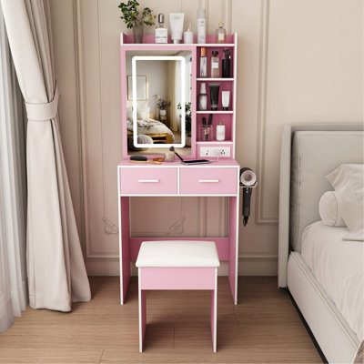 Petit bureau de coiffeuse avec miroir et lumières DEL réglables, prise de courant intégrée et rangement dissimulé, comprend tabouret et tablette rembourrés, coiffeuse pour petites chambres, rose