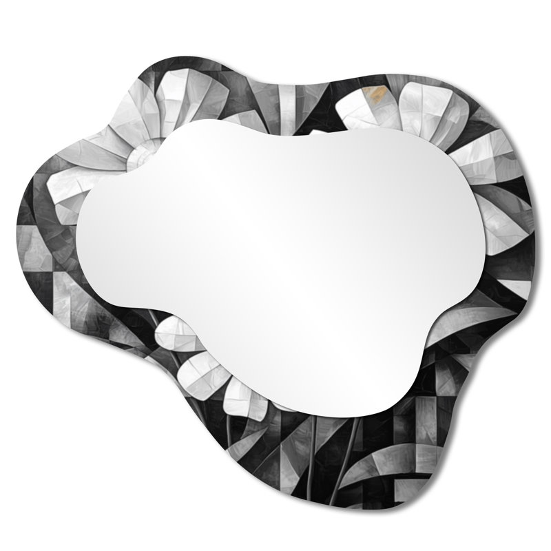 Fleurs délicates à motif géométrique monochrome - miroir décoratif asymétrique Wildflowers, miroir mural traditionnel irrégulier, imprimé sur métal