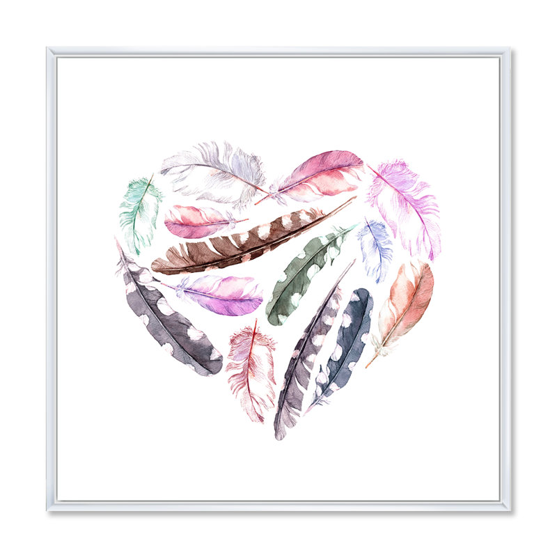 «Retro Heart with Pink Bird Feathers», impression sur toile, H 16 po x l 16 po x P 1 po, Cadre blanc