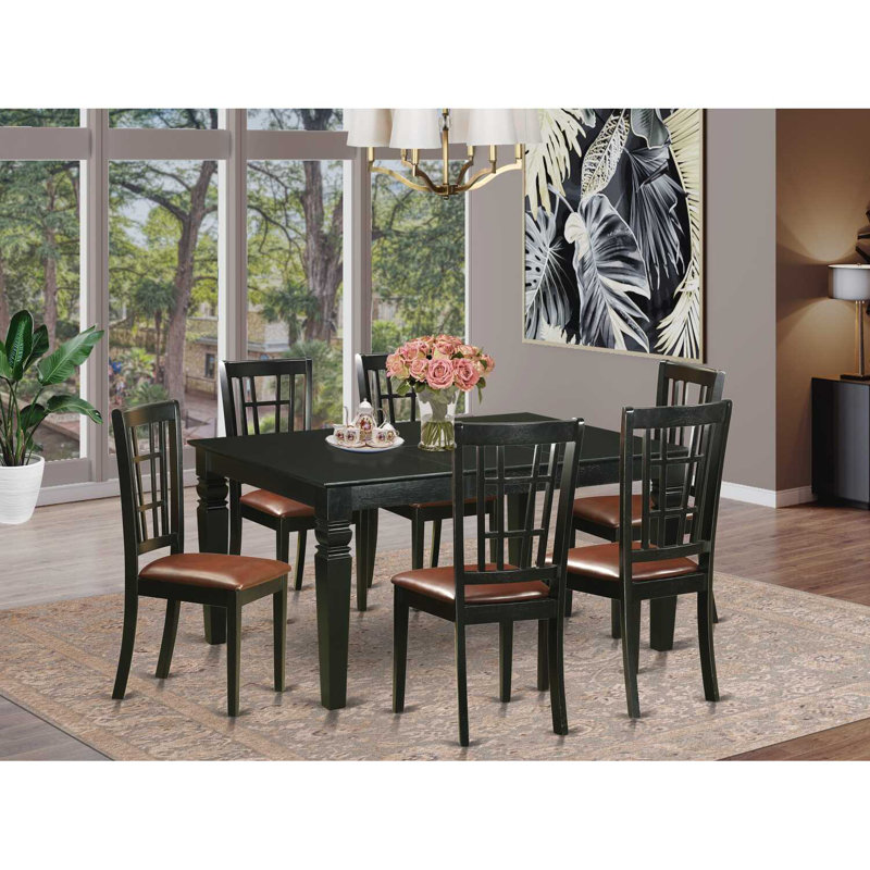 Beesley Solid Wood Top Four Leg Dining Set, 7 Pieces: 1 Table, 6 Chairs, 30'' H X 60'' W X 42'' D, Black