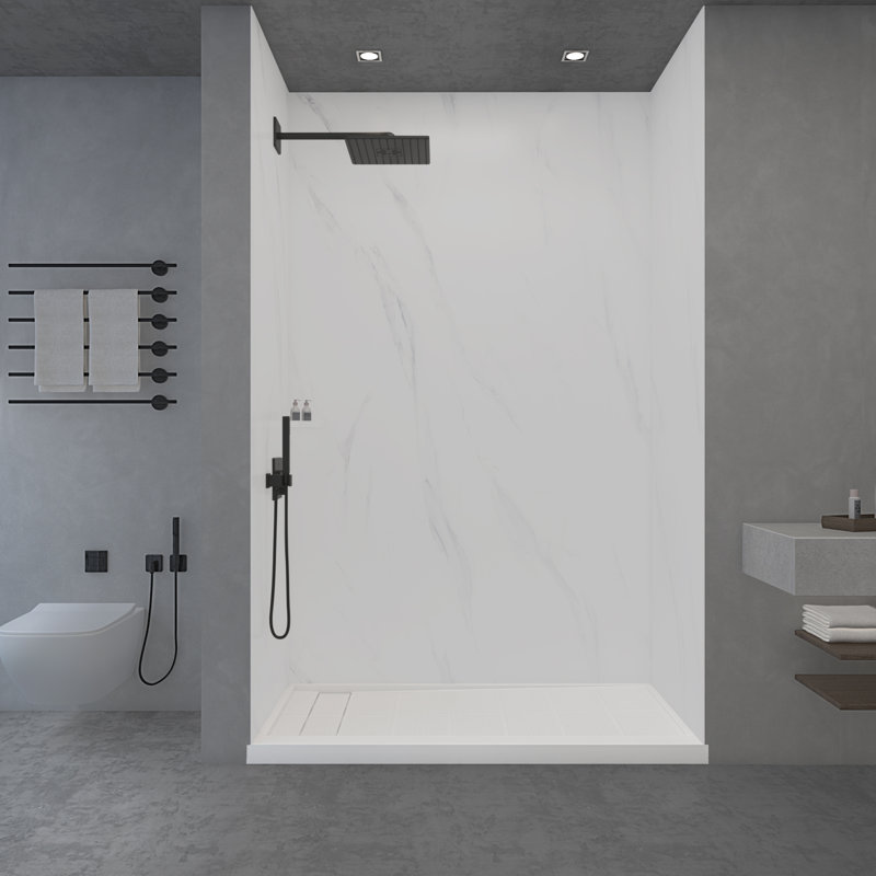 WOODBRIDGE 3-Piece  Shower Wall Panel Surround Kit in Carrara White, Quick Install and Trimmable, 3/16" (5mm) Thick. 