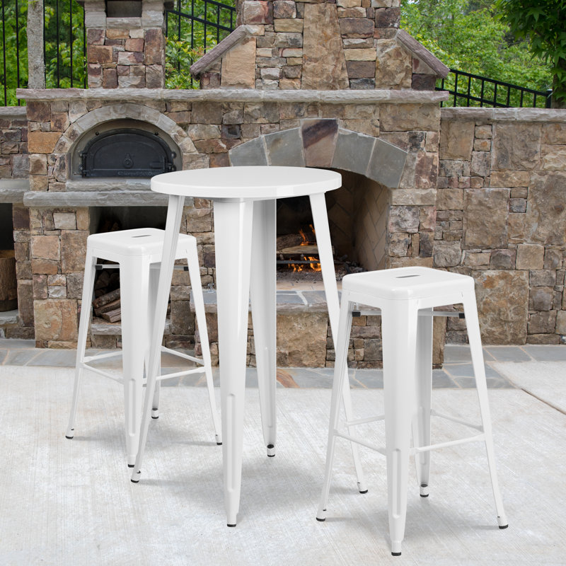 Gyala Round Metal Indoor-Outdoor Bar Table Set with 2 Square Seat Backless Stools, White, 41" H x 30" W x 30" D
