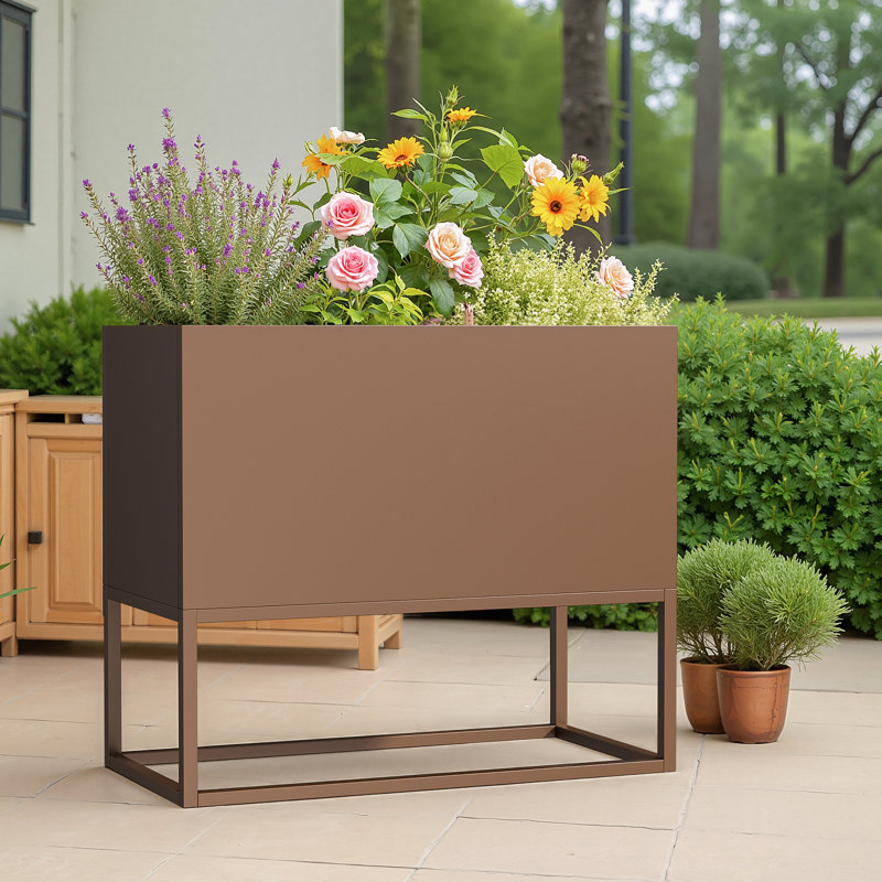 Pot de fleurs rectangulaire en métal avec tablettes et trous de drainage, H 18 po x l 36 po x P 18 po, Brun