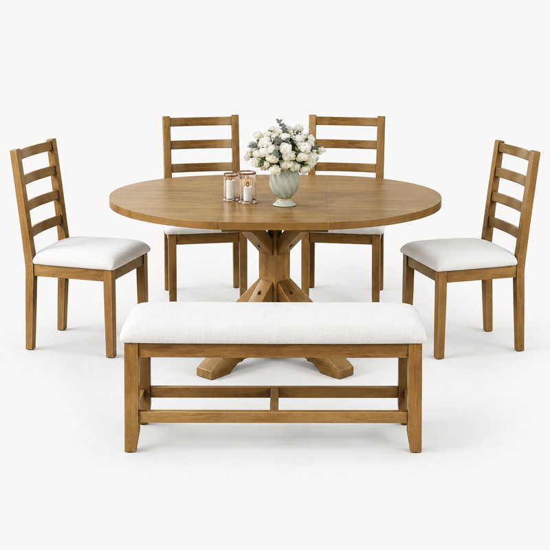 Ensemble de salle à manger extensible Cavressa 6 pièces, table à pied centrale en bois naturel avec rallonge amovible de 45 cm, 4 chaises à dossier échelle et banc de 112 cm