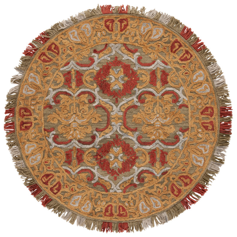 Handmade Round Red and Gold Floral Wool Area Rug