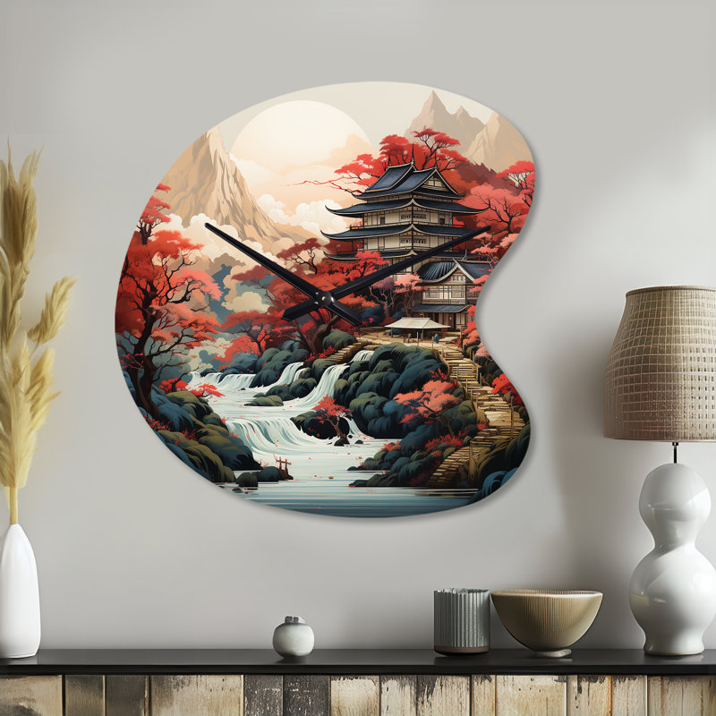 Asian Art Landscape - Art asiatique, horloge murale asymétrique en métal, horloge murale de forme irrégulière rouge, Petit