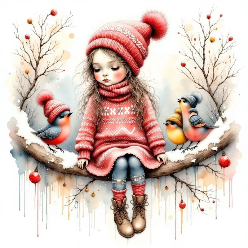 Winter Whispers - A Moment with Feathered Friends, H 12 po x l 12 po