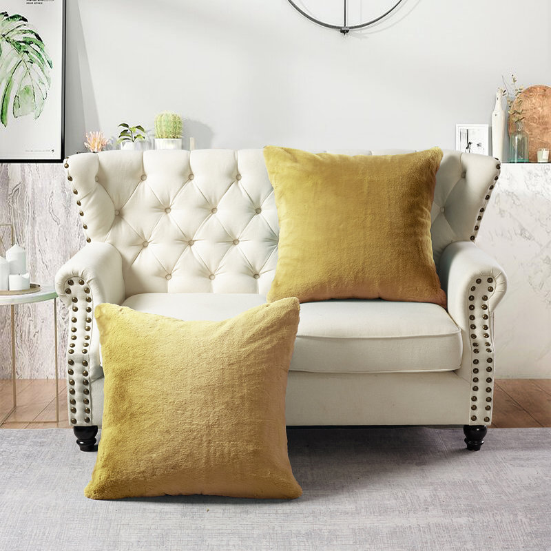 Heavy Faux Fur Throw Pillow Cover, Lemon Curry, 26' H x 26' W