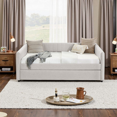 Lit de jour en lin beige avec couchette rembourrée, rayures verticales | 82,5 po x 58 po x 30 po | Assemblage facile pour la chambre à coucher ou l'espace de vie