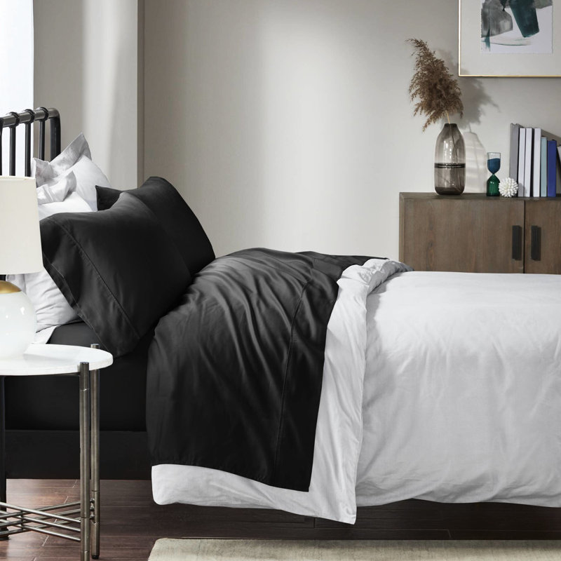 Drap 1500 fils pour très grand lit - mélange de coton infroissable, tissé, avec passe-tringle jusqu'à 18 po, 2 taies d'oreiller, lavable à la machine, 4 pièces noires, matelas 18 po, lavable, confortable