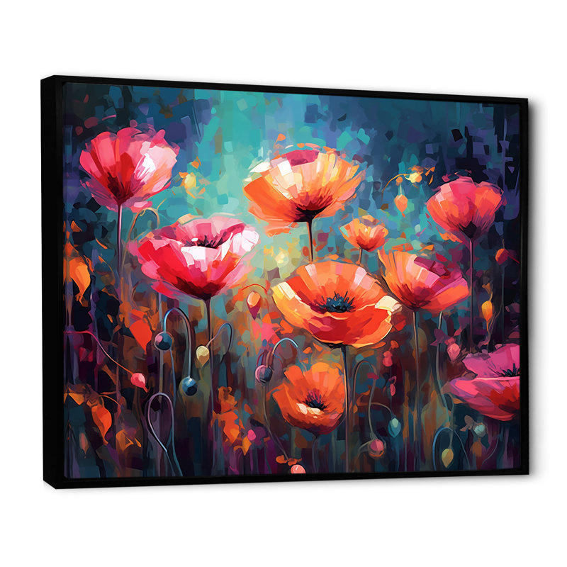 Pêche vibrante et rêves de coquelicots roses, Cadre flottant noir, H 24 po x l 32 po