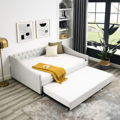 Lit de jour rembourré confortable avec lit gigogne simple, beige, dossier avec boutons, structure en eucalyptus renforcé pleine grandeur avec dossier rembourré en mousse, fabrication