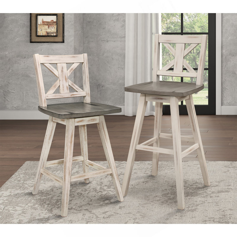 Pub Height Chairs Set Of 2, Distressed Gray And White 360-Degree Swivel Chair Solid Rubberwood Furniture, X-Back Bar Chairs