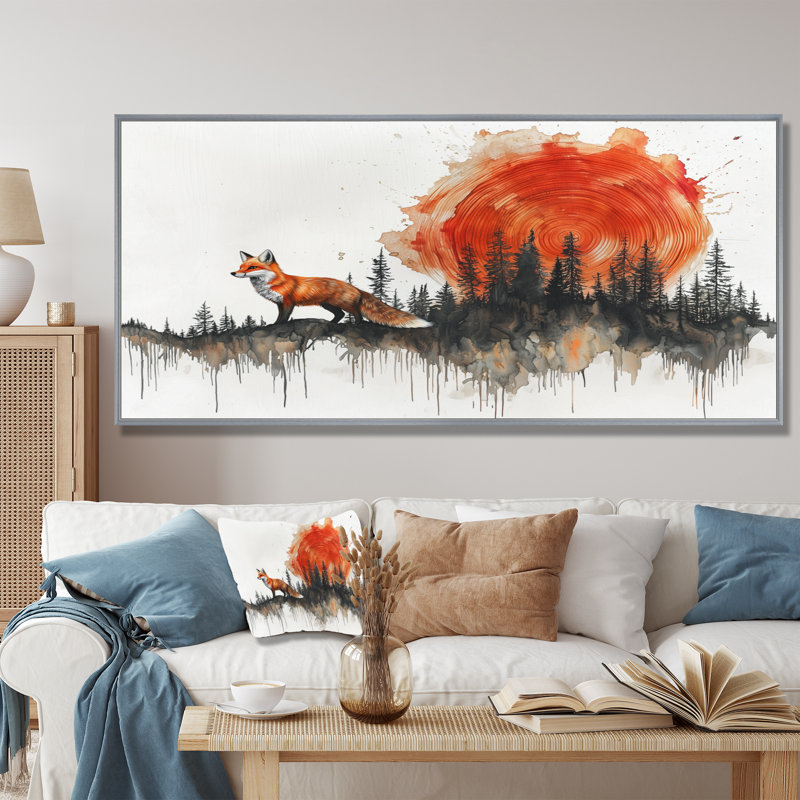 «Silent Fox In Forest Landscape III», art mural renard, H 28 po x l 60 po, Cadre flottant, Naturel