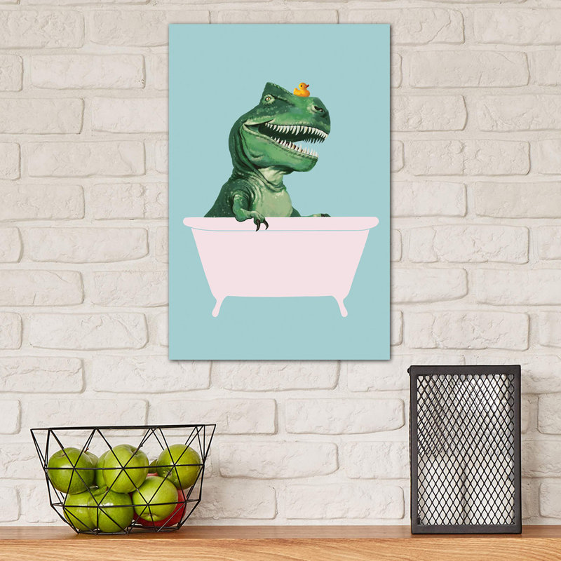 «Playful T Rex in Bathaign in Green» par Big Nose Work - impression d'art graphique, H 18 po x l 12 po x 1,5 po, Toile tendue
