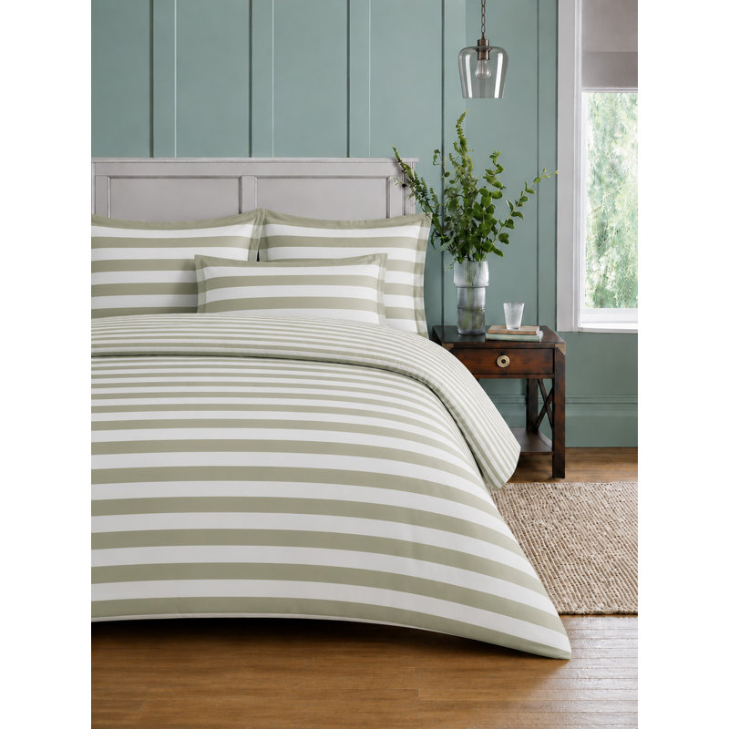 Bedding, Super King Duvet Cover + 2 Pillowcases, Green Striped