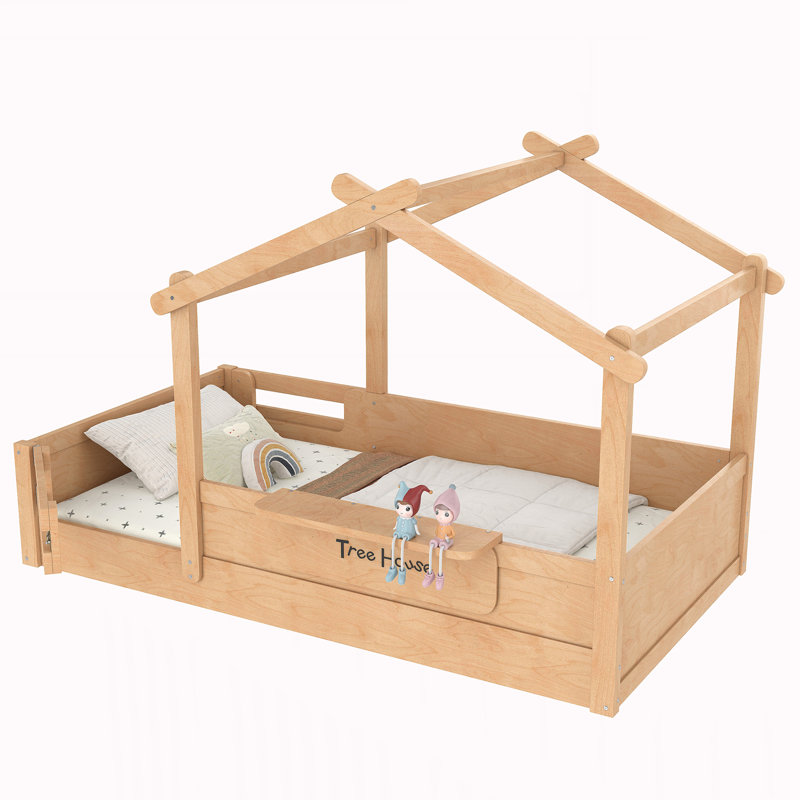 Twin Size Floor Bed with Guardrails and Roof, Natural, Twin