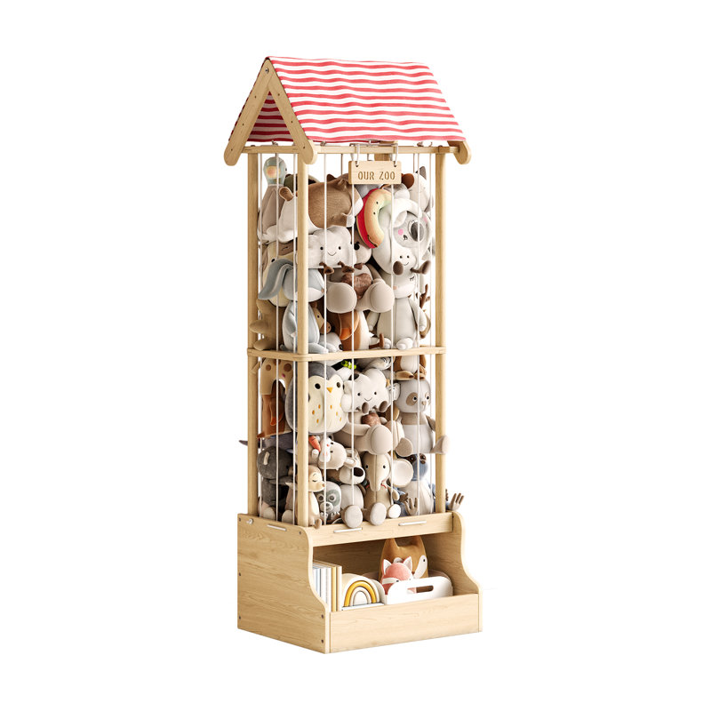 Tour de rangement 2 en 1 en bois massif pour peluches, avec toit en forme de maison, organisateur de jouets peu encombrant avec base cubique robuste pour salle de jeux, chambre d'enfant ou chambre à coucher