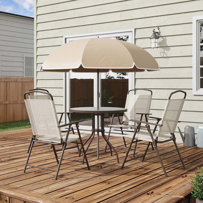 Ensemble de salle à manger de patio pour 4 personnes avec parasol, table d'extérieur et 4 chaises pliantes et table ronde en verre Outsunny pour le jardin, la cour et la piscine, beige