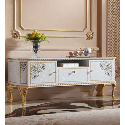 Meuble télé de luxe en bois massif de style français avec de magnifiques pieds sculptés dorés peints à la main et un compartiment de rangement ouvert