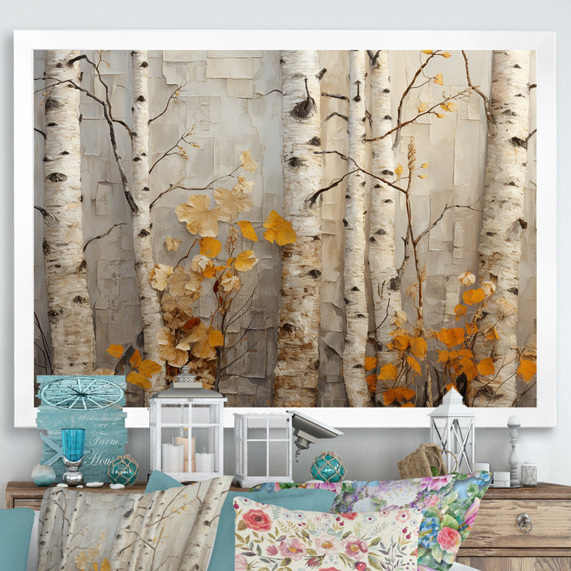 Autumn Birch Tree Elegance - Tree Wall Art, 34" H x 44" W x 1.5" D, White Closed Corner Framed