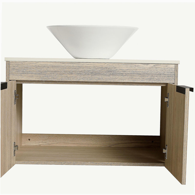 Lavabo de salle de bain suspendu moderne de 30 pouces avec ensemble de bols en céramique, bol mural en chêne blanc avec porte à fermeture douce, 2 paquets