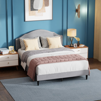 Bed Frame Fabric Upholstered Mattress Foundation Wooden Slats Support Bed Frame Platform Bed Frame With Headboard No Box Spring Needed Non-Slip And Noise-Free For Home Bedroom