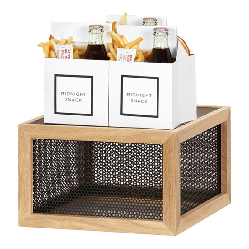 Cal-Mil Camden Black Metal / Oak Wood Reversible Display Riser 22906-4-115 WS-211229064115, 6.65" H x 11.4" W x 11.4" D