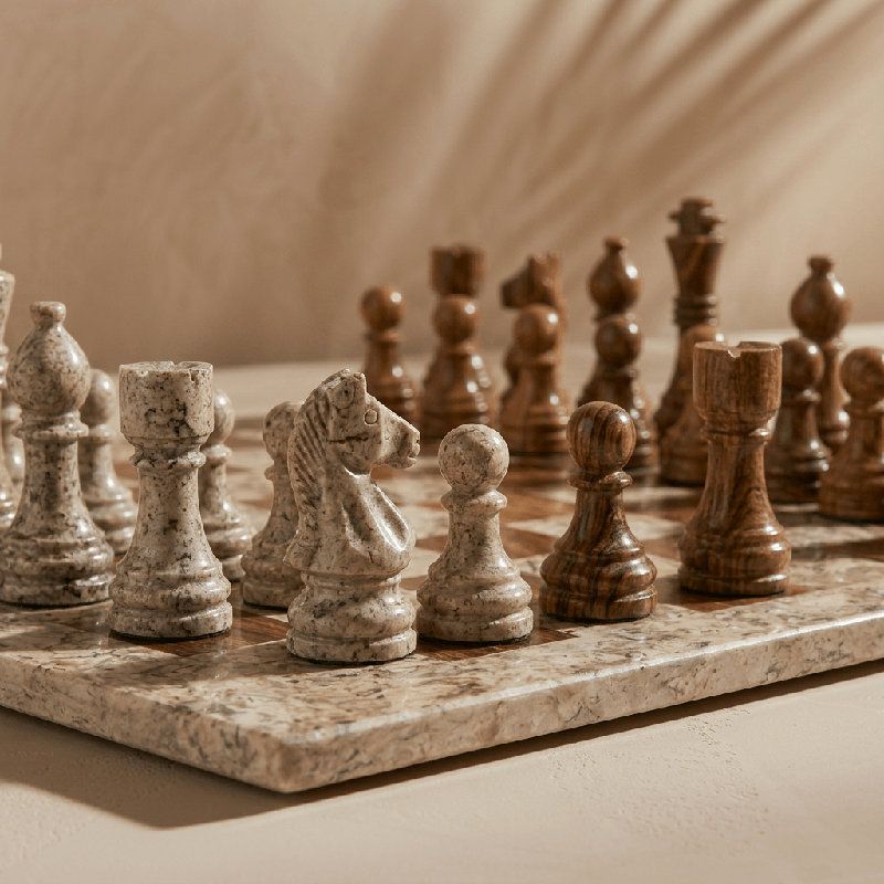 Vintage Marble Chess Set with Storage Case by Marble Cultures, Brown/Tan