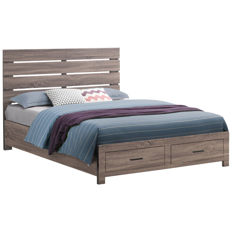 Queen Storage Bed With Slatted Headboard, Two Spacious Drawers, And A Oak Finish On Engineered Wood For Bedroom Decor Platform Drawers Discreet Storage, Natural Solid +