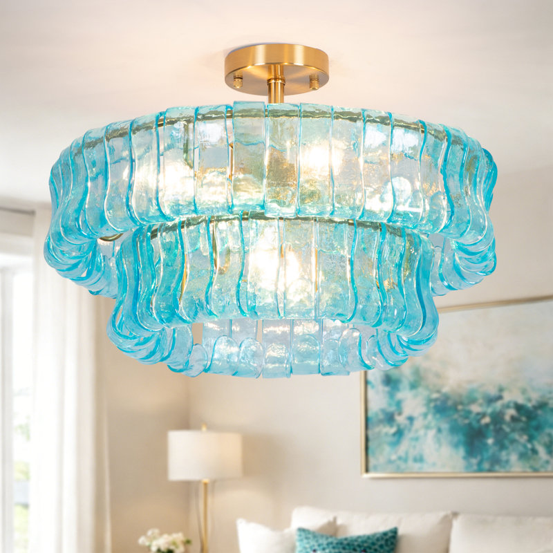 Plafonnier semi-encastré 20 po en laiton brossé à 6 lumières 20 po, Bleu
