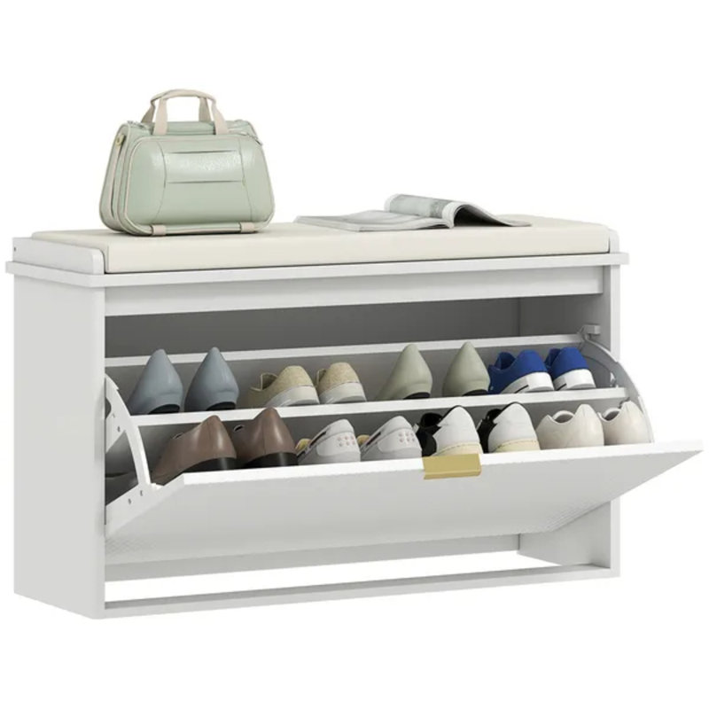 Banc de rangement blanc pour chaussures avec siège en lin rembourré et tiroir rabattable, tablette intérieure ajustable, range-chaussures