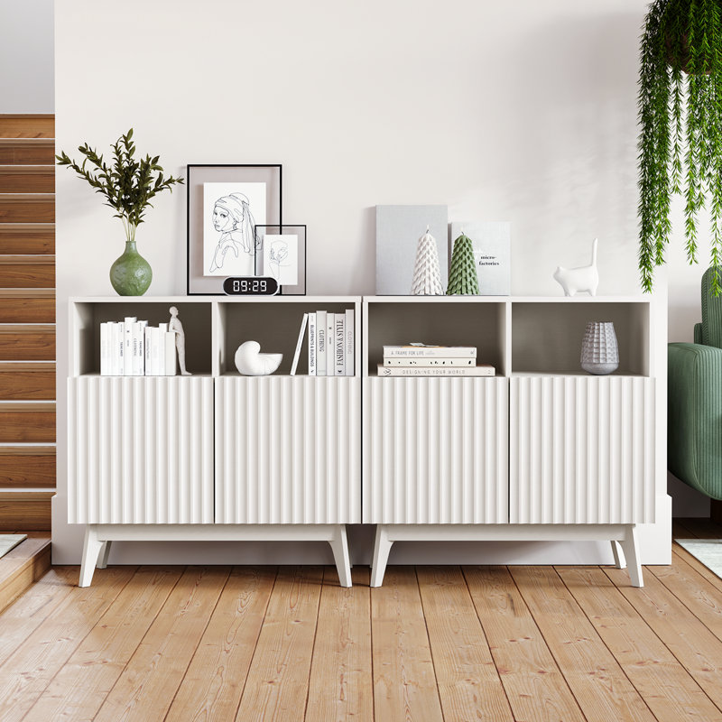 80cm Compact Small Sideboard, Ribbed Door Storage Cabinet, White