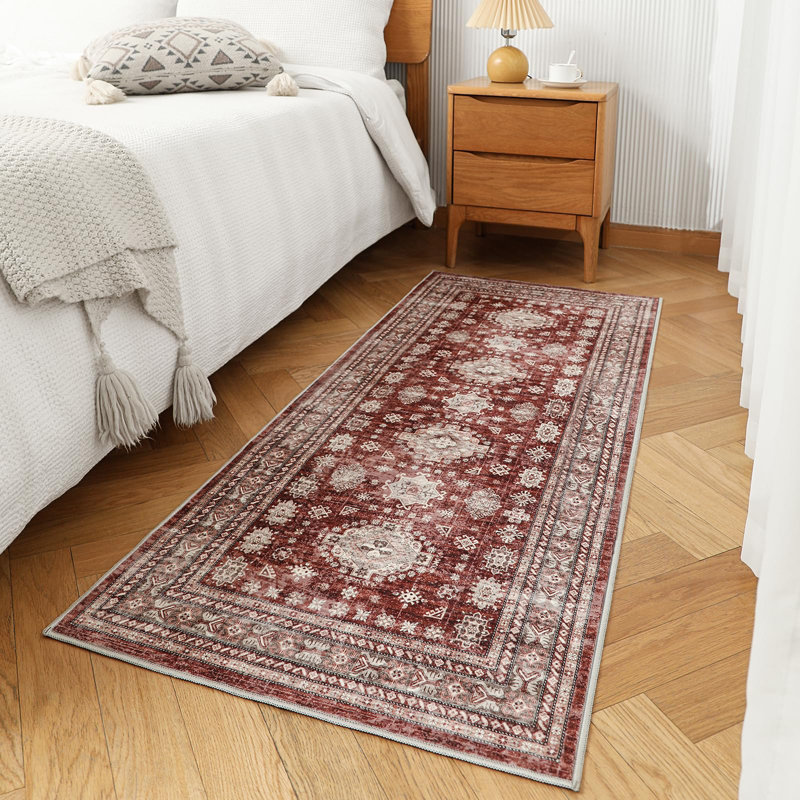 Boho Vintage Washable Indoor Rug - 2'x6', Non-Slip Hallway Runner Rug Entryway Runner, Farmhouse Style, Trendy Distressed Faded Carpet for Bedroom, Kitchen, Laundry, Burgundy