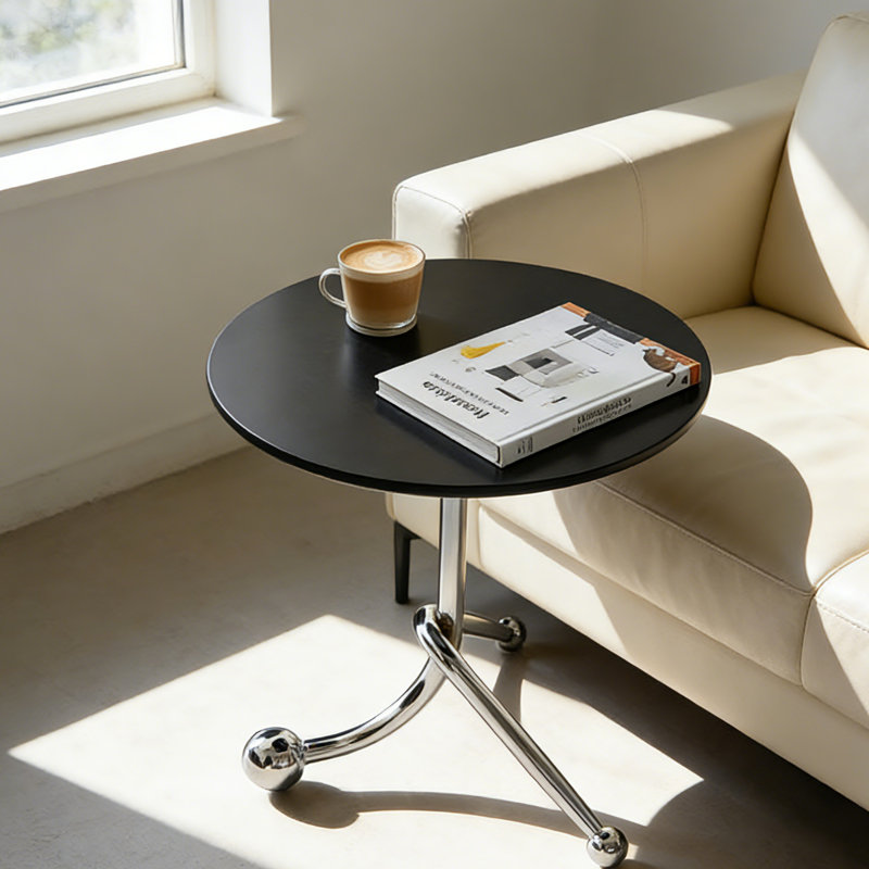 Table d'appoint ronde minimaliste avec plateau en bois et base en métal