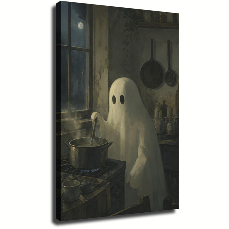 Marmite fantôme dans une cuisine rustique, toile murale vintage chaleureuse, 24 po x 32 po