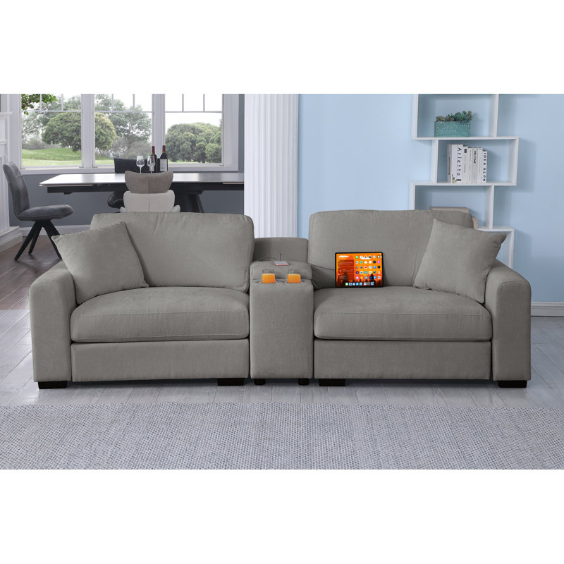 Upholstered Loveseat Couch with Cup Holder Usb Console, Light Gray
