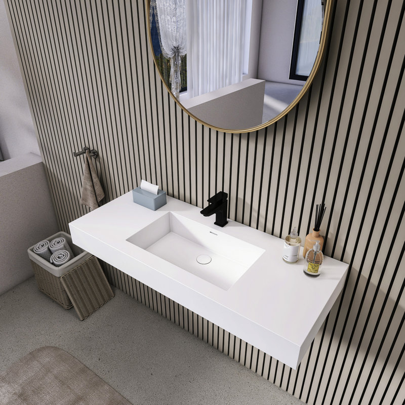 Lavabo vasque rectangulaire pour salle de bain, 48,14 pouces, surface solide, blanc mat, design moderne et facile d'entretien