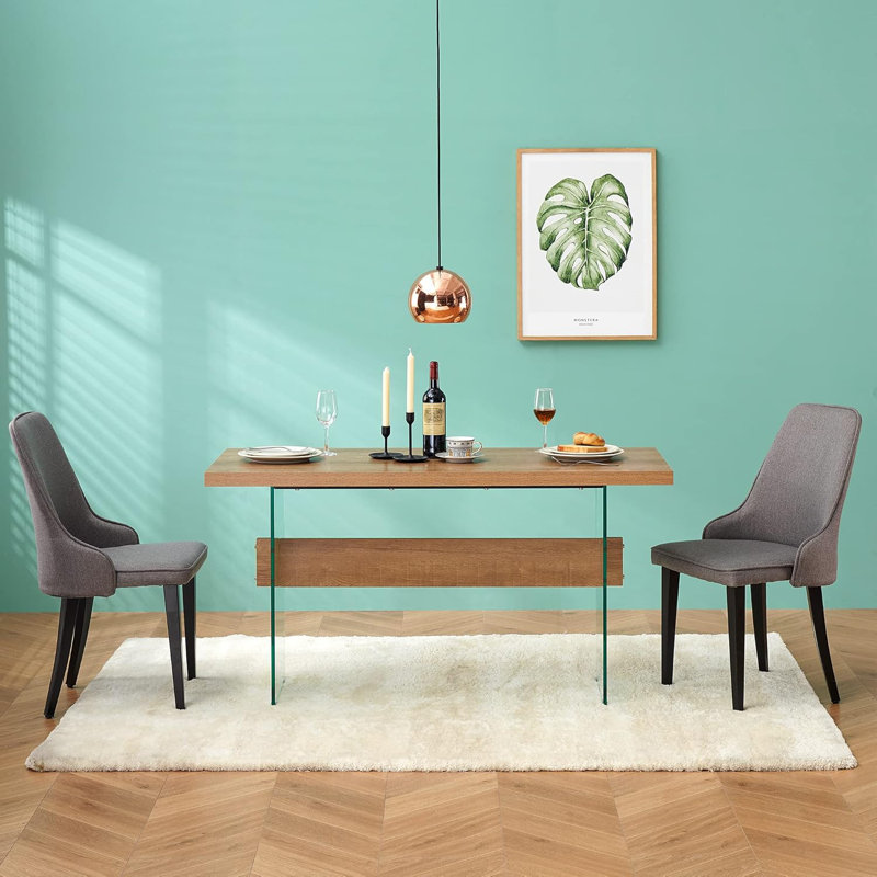 Table de salle à manger rectangulaire moderne de 55 pouces, table de bureau en verre ultrabrillant, Brun