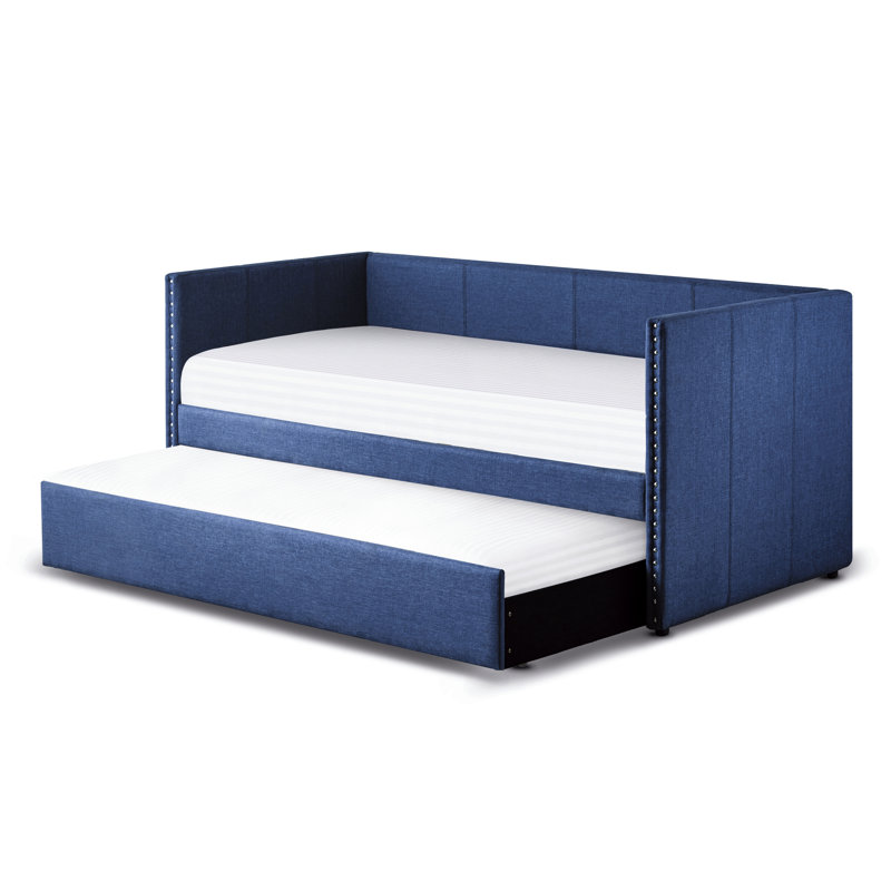 Lit de jour bleu en tissu avec structure en bois et lit gigogne escamotable pour le soutien de la maison