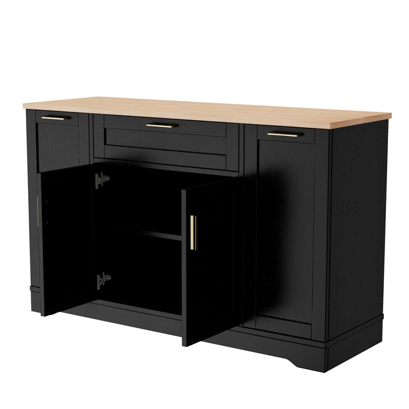 Table de salle à manger extensible et buffet de rangement multifonctionnel pour les espaces de cuisine, noir, flexible dans l'armoire de gauche, base Kickboard avec plateau noir à 3 niveaux, tablettes réglables
