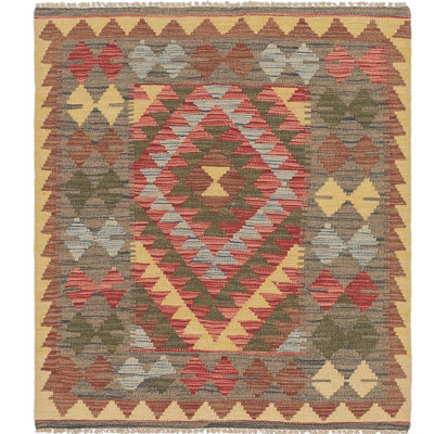 Tapis en laine rouge/jaune 3 pi 2 po x 3 pi en laine noué la à la main one-of-kind Lorain
