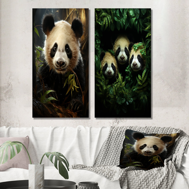Pandas Play III - Ensemble de 2 reproductions d'art mural en métal Panda, H 32 po x l 32 po